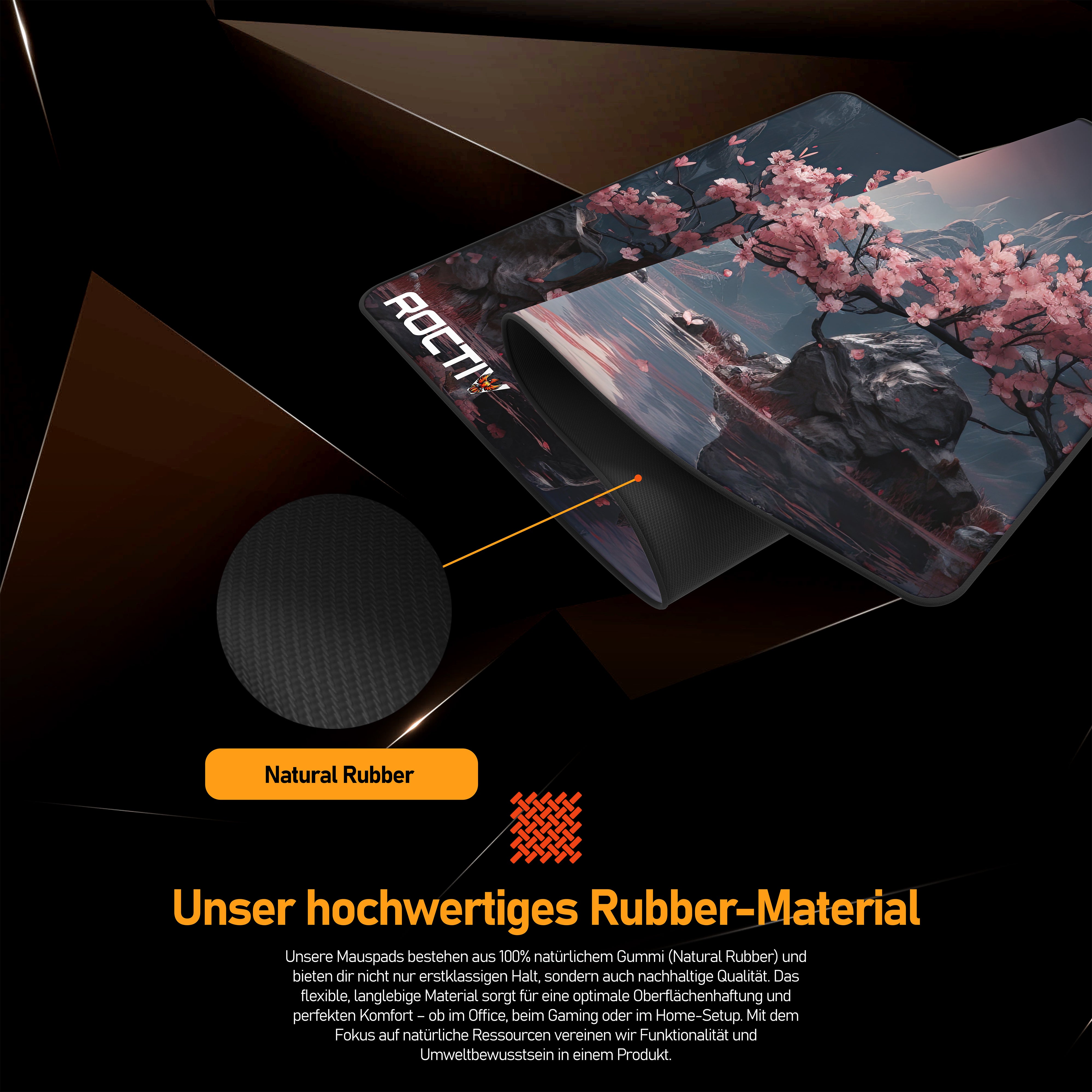 Roctiv Gaming Mauspad XXL Sakura Design mit natürlichem Rubber-Material und Kirschblüten-Motiv