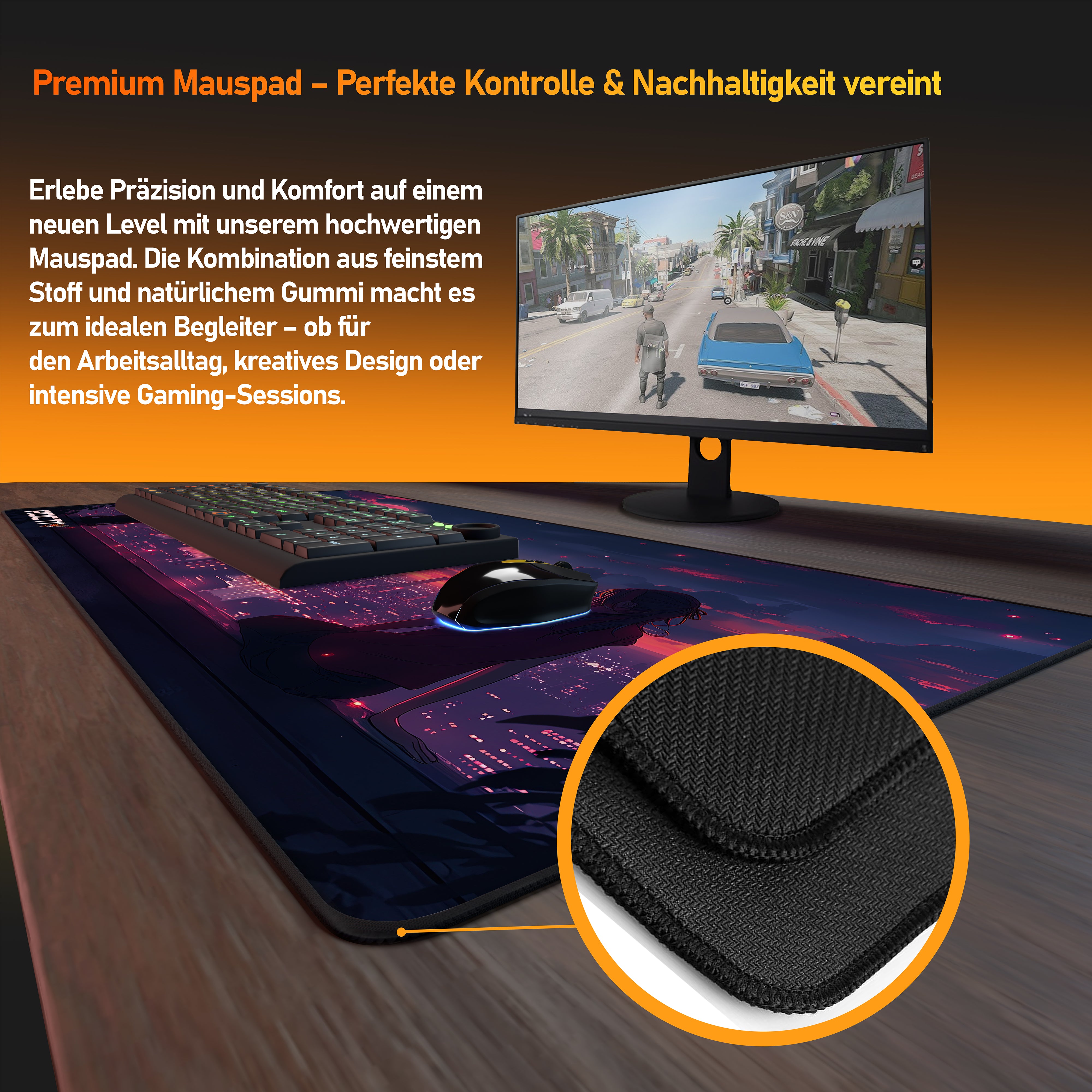 Roctiv lofi design gaming mauspad mit hochwertigem Stoff und natürlichem Gummi für präzise Kontrolle