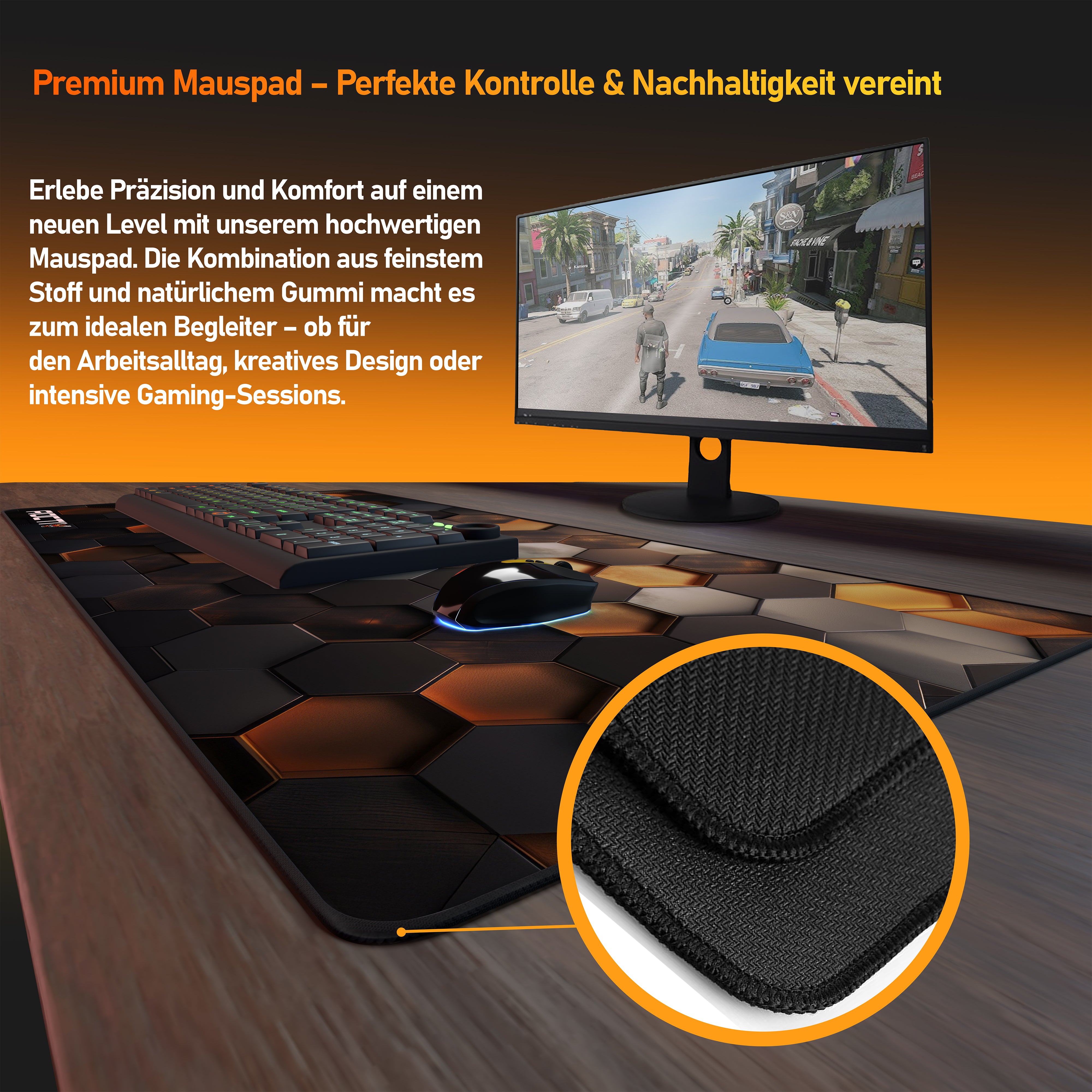 Roctiv Gaming Mauspad mit hexagonalem Design und rutschfester Gummibasis für präzise Kontrolle